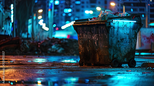The garbage container with neon backlight, which is released on the street at night, acquires the photo