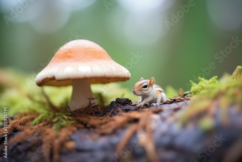 chipmunk climbing with mushroom cap towards burrow