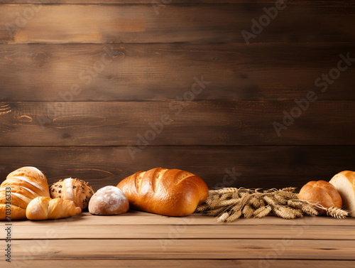 Loaf and rolls of bread on a wooden table