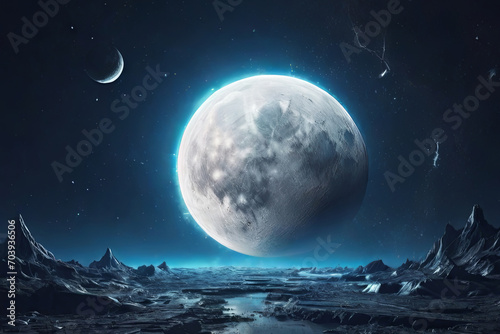 Starry night sky Moon, stars, and clouds backdrop. elements create a mesmerizing celestial background. © Amila Vector