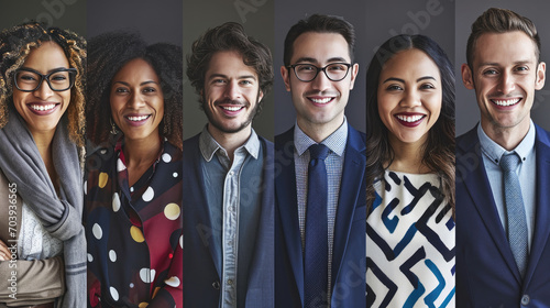 Composite of six individual portraits from diverse ethnic backgrounds, each smiling and dressed in business casual attire, suggesting a professional and inclusive work environment.