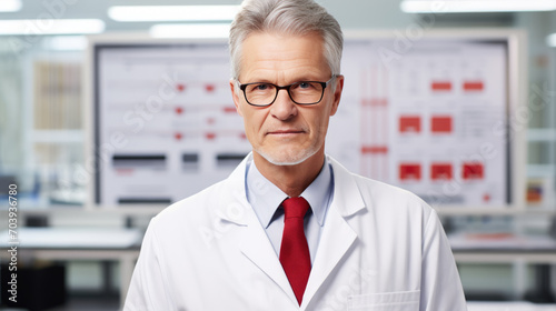Senior medical professional with white hair, wearing a lab coat standing confidently in front of a poster displaying scientific charts and data.