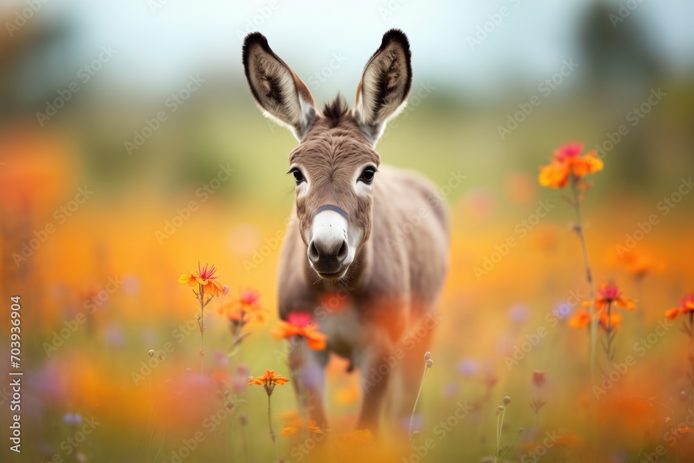 perky-eared donkey amidst spring flowers in a vibrant meadow