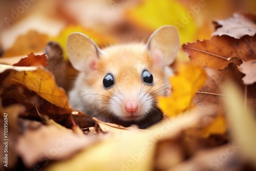 dormouse peeking from a pile of autumn leaves