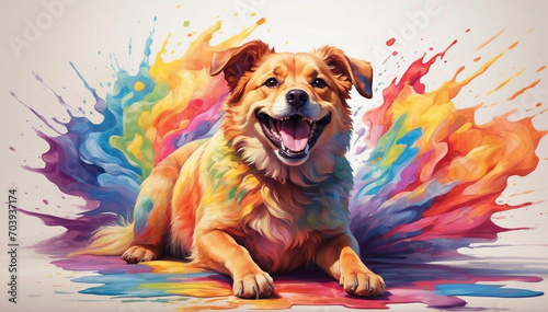 Illustration of a happy smiling dog. rainbow colored watercolor. close up of dog face. Generative Ai