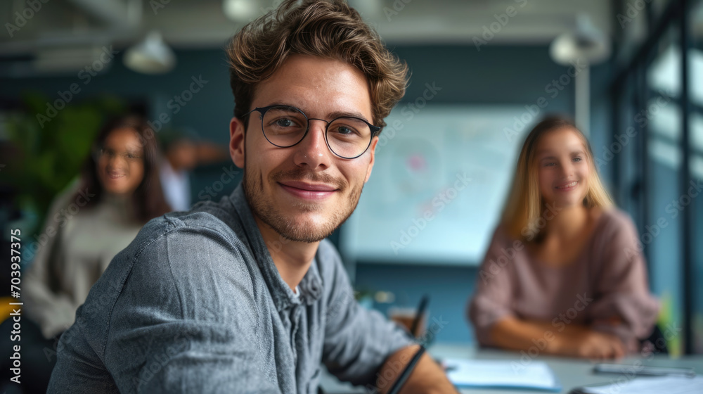 Young man with glasses in the foreground, smiling towards the camera, with coworkers in the background, in a meeting at office Young man with glasses in the foreground, smiling towards the camera, with coworkers in the background, in a meeting at office