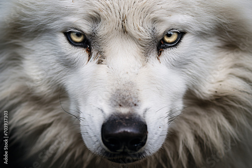 Close up of face of wild white wolf with yellow eyes