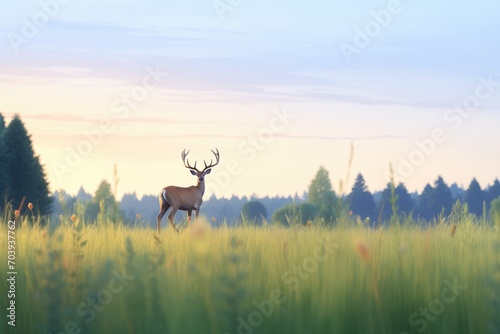 lone elk standing by a meadows edge at dusk