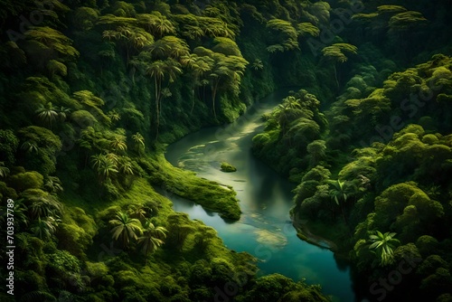 A meandering river cutting through a dense tropical rainforest, reflecting the lush green canopy and vibrant wildlife.