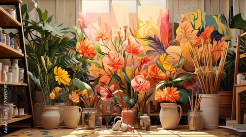 Photo A painter's studio with a large painting of a tropical garden