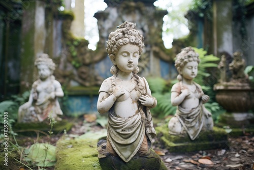 eroded statues in a garden of a ruined estate