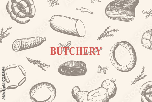 Butchery backdrop banner with different kind Sausages hand drawn vector engraving illustration. Smoked meat products background with bacon, sausages, pastrami, salami. Tasty meal, delicious snacks