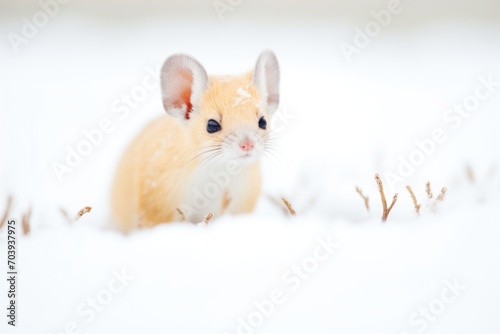 ermine camouflaged against white snow background photo