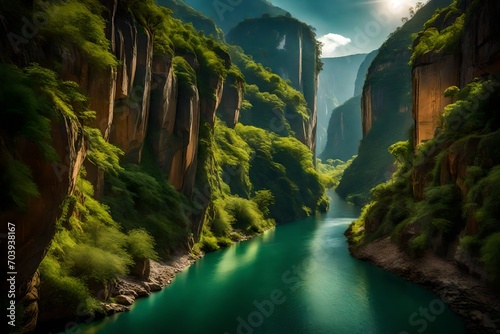 A serene river cutting through a canyon  surrounded by towering cliffs covered in vibrant greenery.