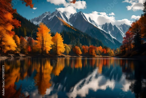 A serene lake nestled between majestic mountains, mirroring the snow-capped peaks and colorful autumn foliage.