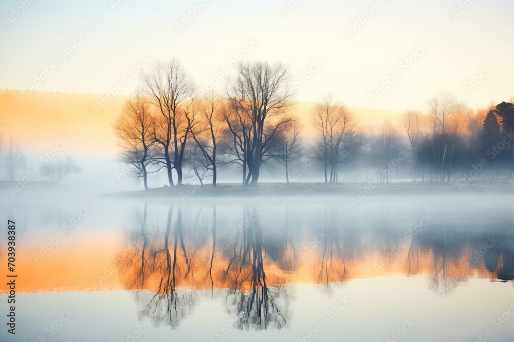 reflection of trees on fog-covered lake at dawn