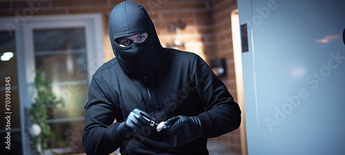 Masked burglary or thief breaking into a home opens the lock on the door, theft crime criminal case concept, Alarm system, Security system, Smart House and insurance