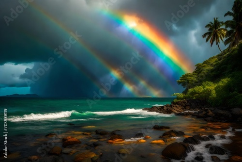 A vibrant rainbow stretching across the sky after a passing rainstorm, framing a breathtaking landscape on the island.