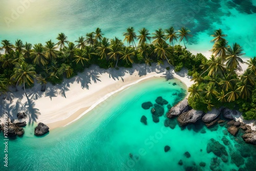 A panoramic view of a secluded beach with palm trees swaying in the breeze and turquoise waters lapping at the shore.