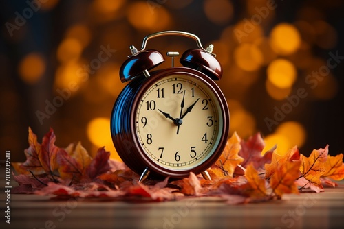 Fall leaves and alarm clock, symbolic of daylight saving time.