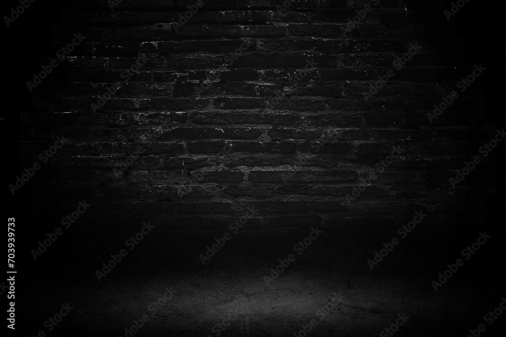 Black studio room background, interior texture for display products. Brick wall and black cement floor - obrazy, fototapety, plakaty 