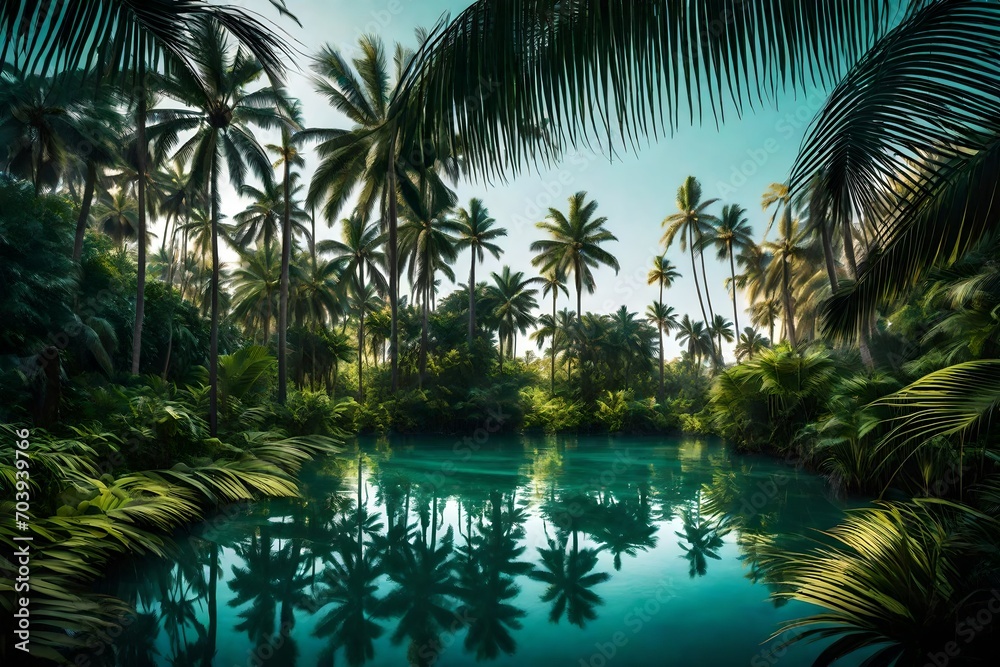 A tranquil lagoon surrounded by towering palms, their fronds gently swaying in the breeze.