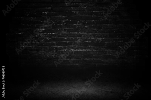 Black studio room background, interior texture for display products. Brick wall and black cement floor