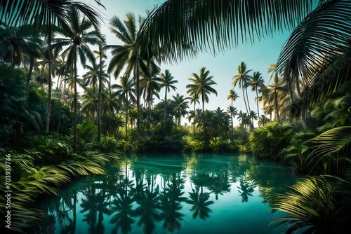 A tranquil lagoon surrounded by towering palms  their fronds gently swaying in the breeze.