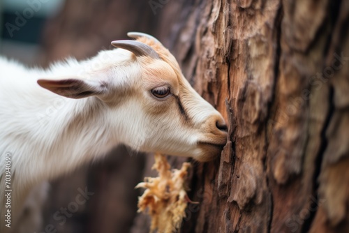 goat gnawing on a large piece of tree bark