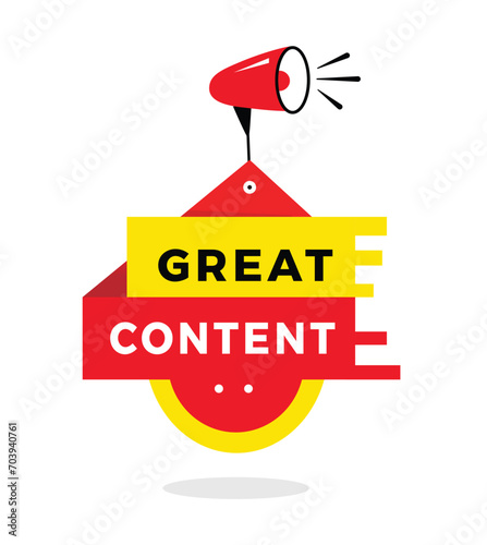 Great content banner, red label with megaphone design modern style. Vector template on white background.