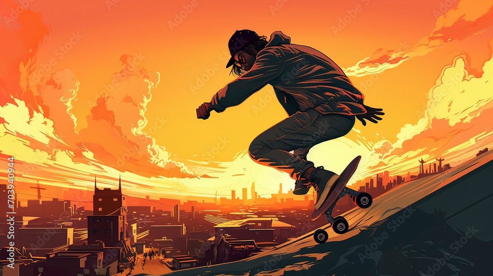 Illustration of Skateboarding Adventure, AI-Generated Art.
