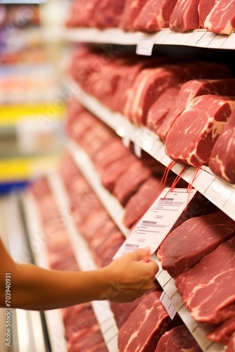 A woman's hand holding a package of beef in a grocery store,