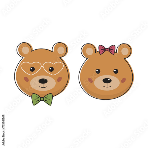 Two cute fall in love teddy bears in retro 90s groovy style. Funny cartoon kawaii romantic couple of bears. Perfect for Valentines Day card, tag, poster.