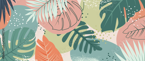 Abstract background of botanical tropical palm leaves branches in the jungle in pastel color tones. Design for prints wall art banner poster fabric decoration. Flat doodle style. Vector illustration.