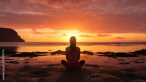 Peaceful Meditation at Ocean Shore During a Stunning Sunset