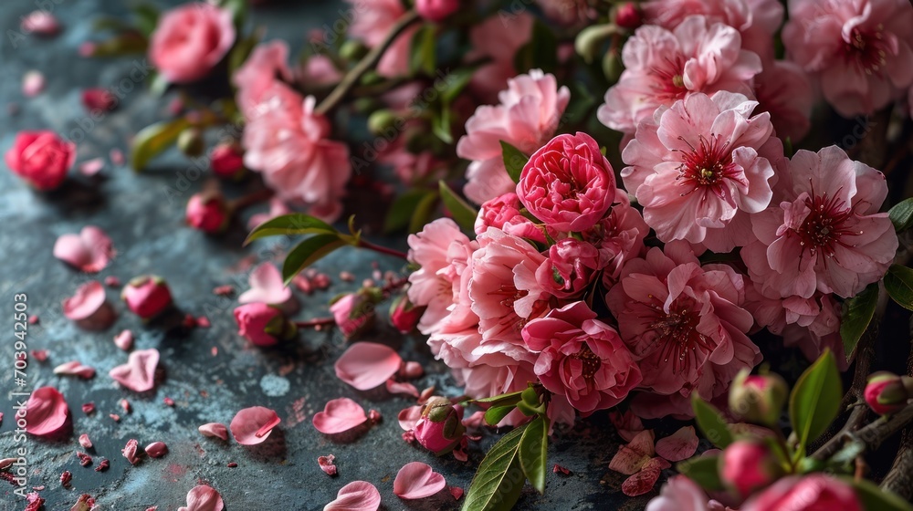 Fototapeta premium Spring background with pink flowers. Greeting card for Woman's day.