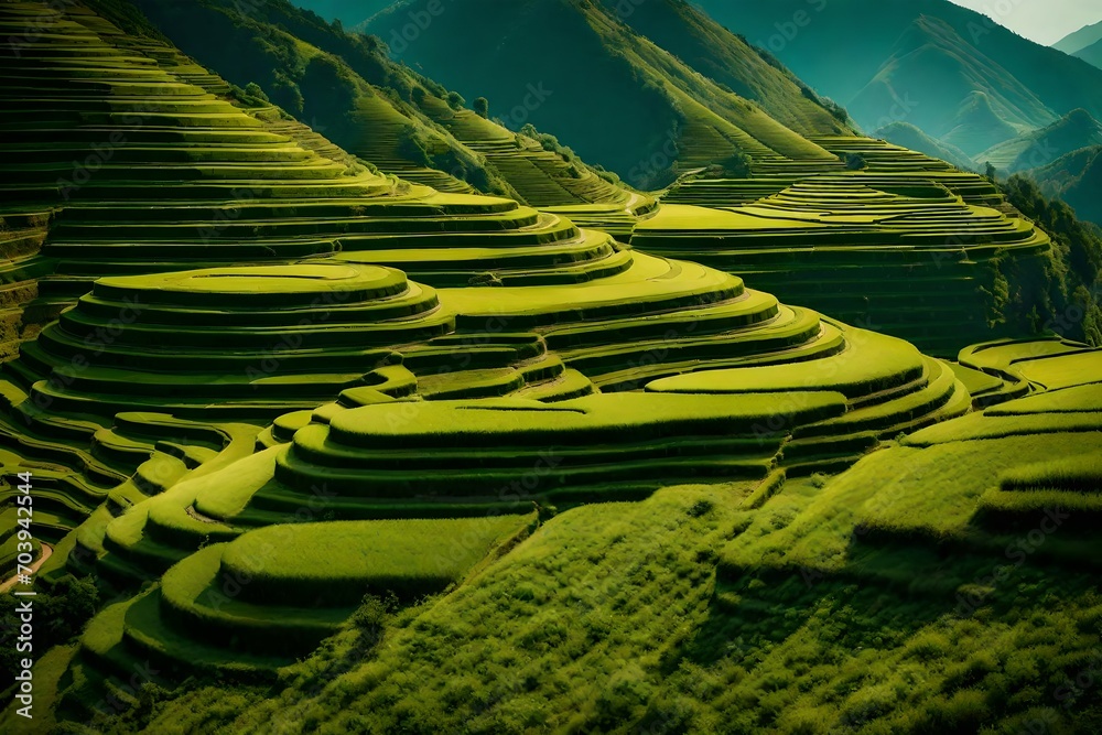 A mountainous landscape with terraced fields, showcasing the harmony between nature and agriculture.