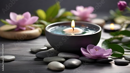 Beautiful spa composition with candles and flowers on wooden table, closeup