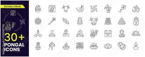 Pongal icons contains such as Cow, pongal pot, sweets, pot, Diya, Kite and more. vector illustrations, editable stroke. Collection of stroke icons.