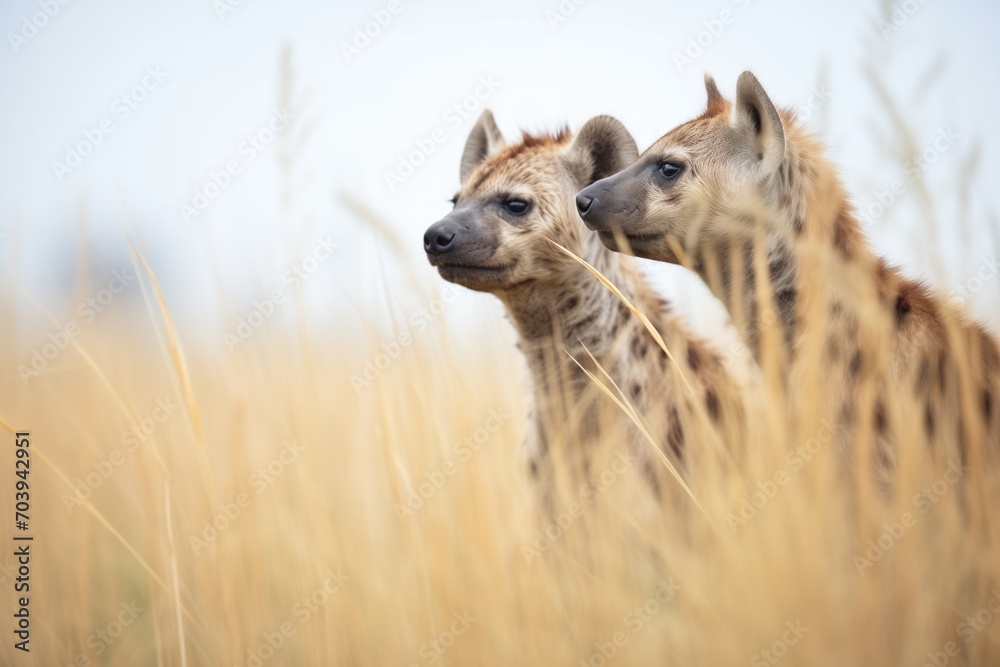 spotted hyena duo in grassland under clear sky spotted hyena duo in grassland under clear sky