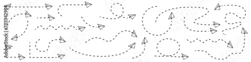 Paper airplane routes. Plane path. Travel path icon set. Vector illustration.