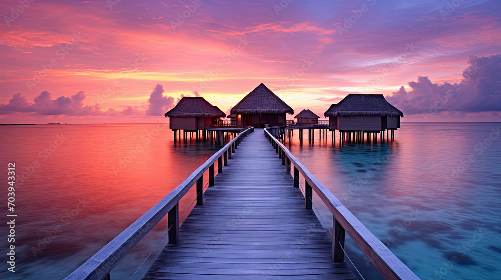 beautiful view of a tropical island with traditional wooden resort buildings, blue sky, expanse of sea, clear water and coconut trees created with Generative AI Technology