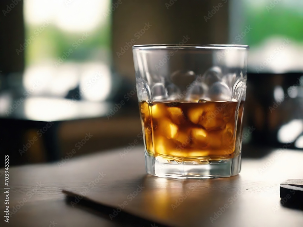 Glass of liquor and ice cubes on clean tabletop. Close-up view.