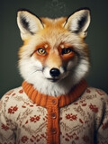 Fox with a human body wearing a patterned sweater. The concept merges animal and human fashion elements.
