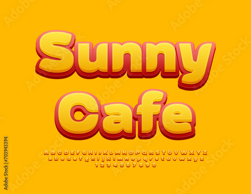 Vector stylish signboard Sunny Cafe. Bright Yellow and Red Font. Artistic Alphabet Letters   and Numbers set.