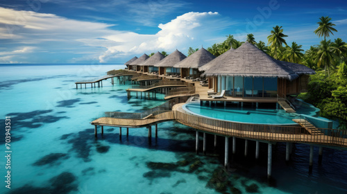 Beautiful tropical paradise island with traditional wooden resort resort building, blue sky, wide sea, clear water and coconut trees created with Generative AI Technology