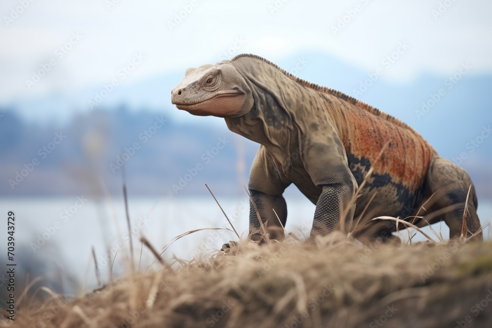 komodo dragon standing alert on island hilltop