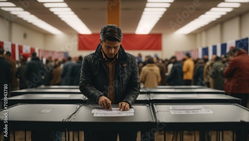 man putting his vote in the ballot box at a polling station photo