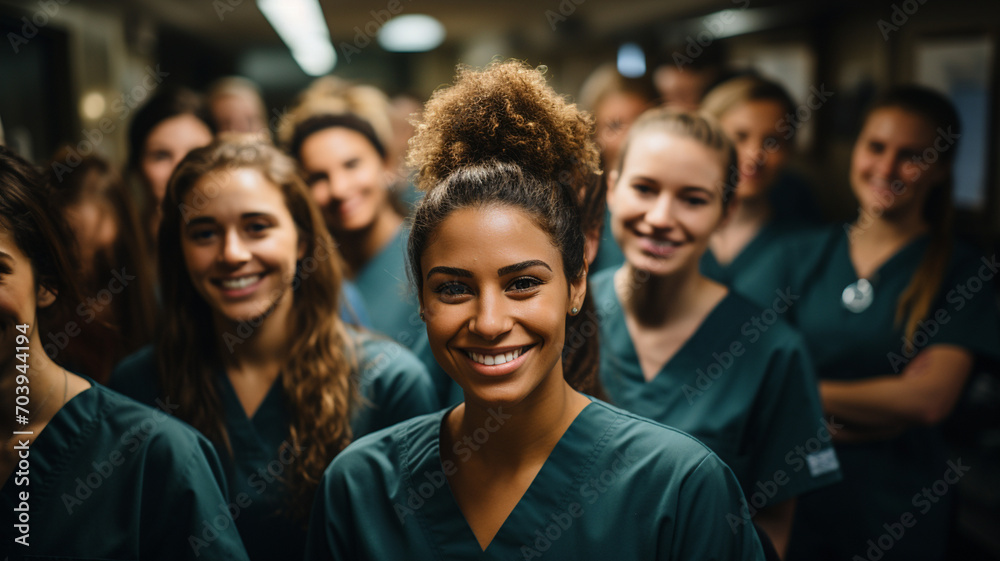 Portrait of a diverse group of doctors and medical workers in a hospital with a stethoscope - obrazy, fototapety, plakaty 