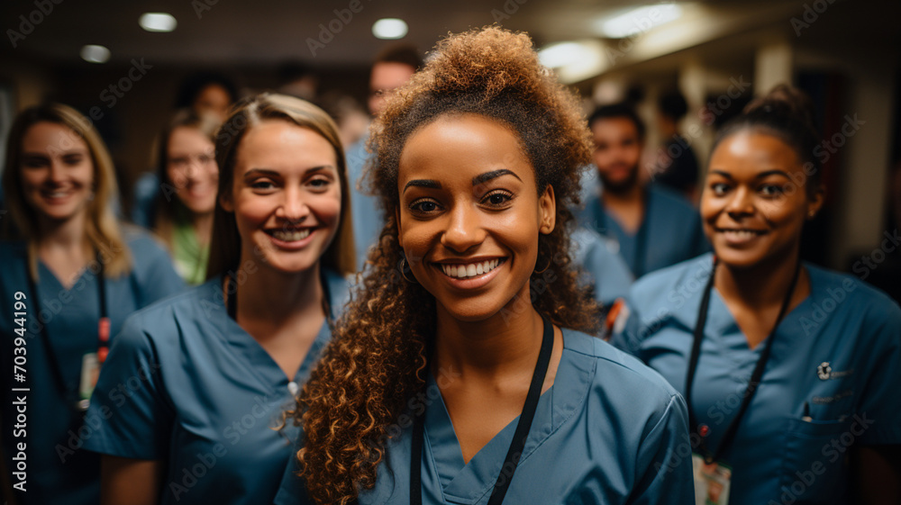 Portrait of a diverse group of doctors and medical workers in a hospital with a stethoscope Portrait of a diverse group of doctors and medical workers in a hospital with a stethoscope